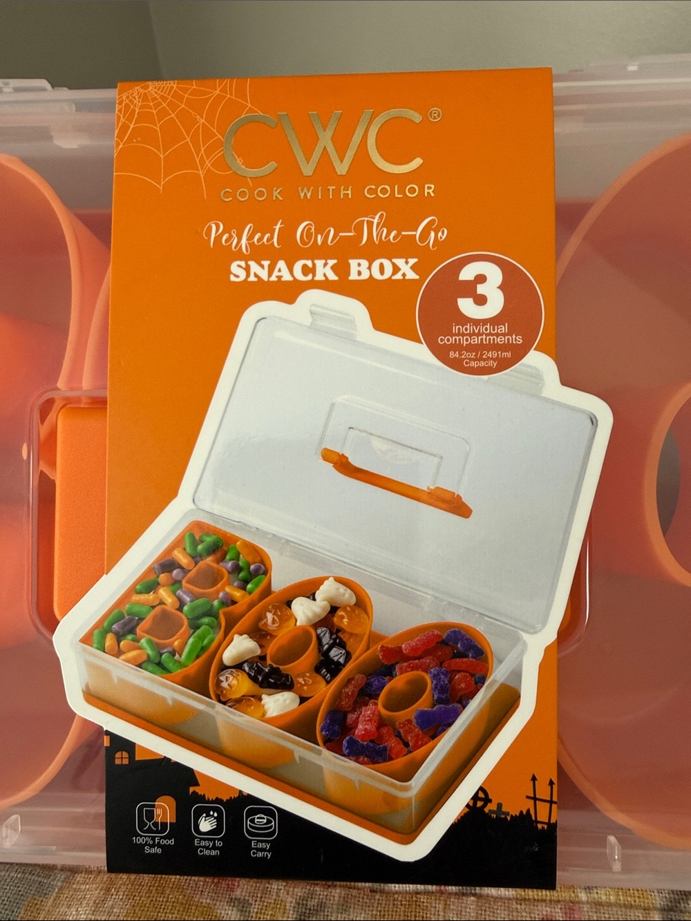 CWC Orange 3-Compartment Snack “BOO” Box - Portable Food Storage - Picture 2 of 4